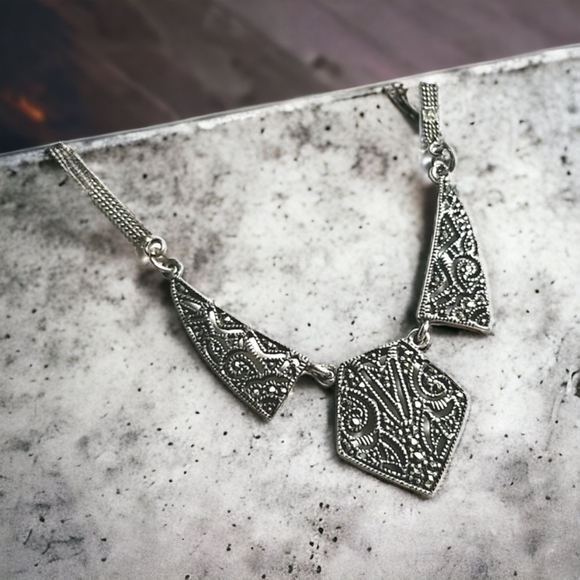 Vintage Art Deco 1920s Marcasite Sterling Silver Pendant Necklace - Picture 3 of 16